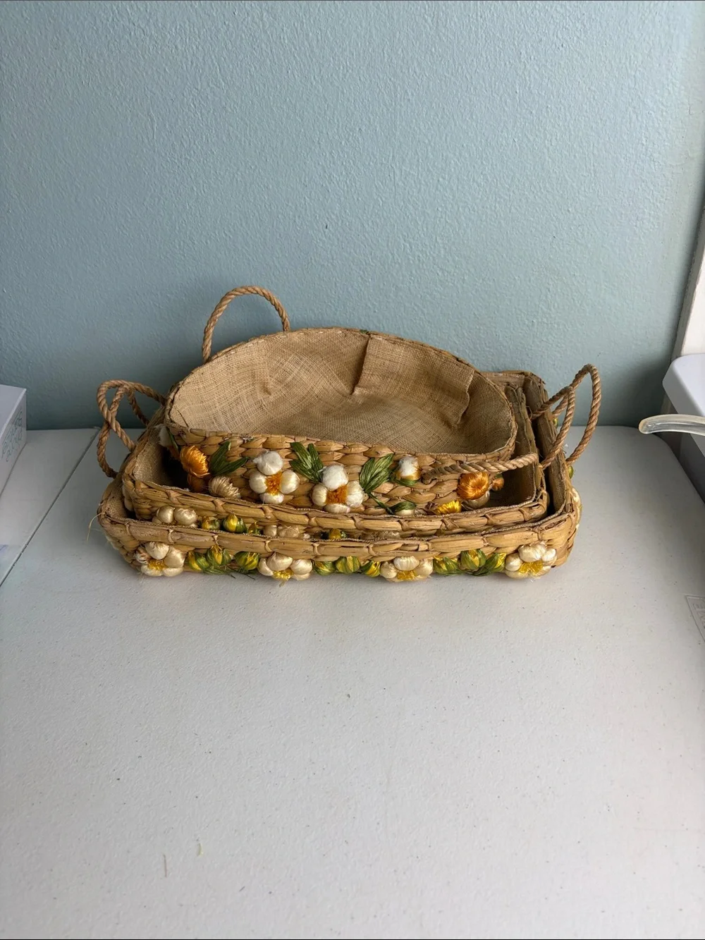 Set of 3 Vintage Handwoven Raffia and Seagrass Trays with Yellow Floral Accents